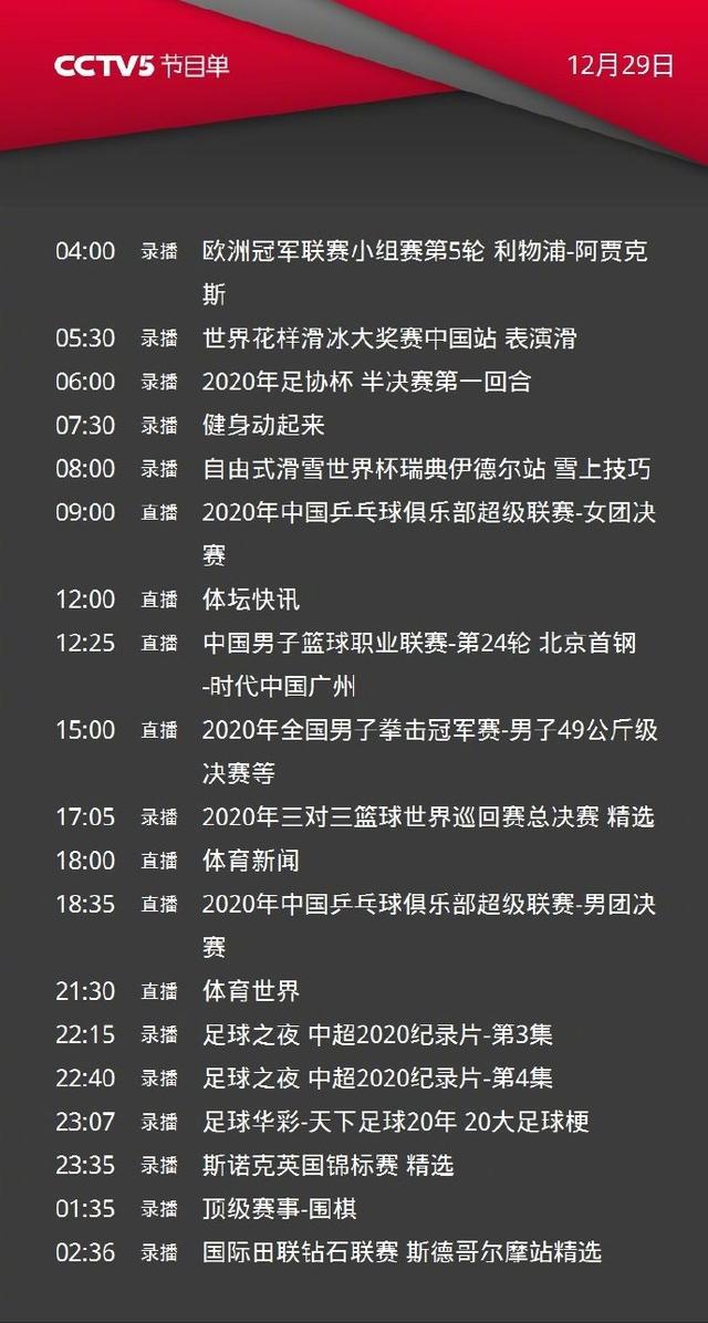 CCTV5／5+频道今天周二节目单：直播乒乓球联赛男女团决赛